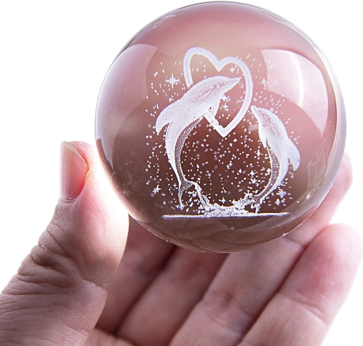3D Kristallen Bol met Dubbele Dolfijnen en Hart Ornament inclusief Standaard
