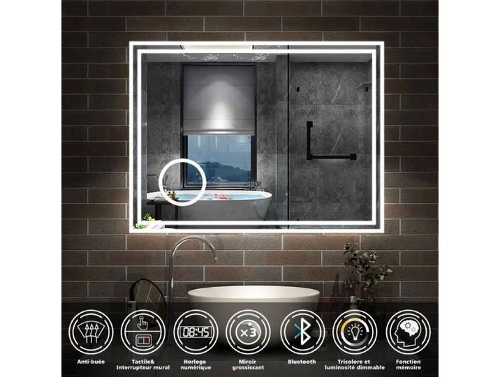 AICA Miroir de salle de bain LED 80x60cm Tricolor anti-buée avec bluetooth simple horloge et miroir grossissant 3x