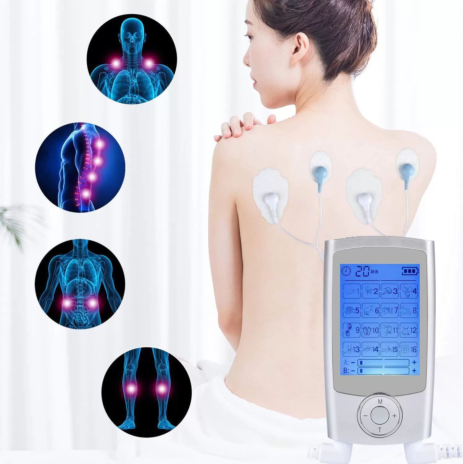 INF Appareil TENS Stimulateur musculaire EMS avec 16 modes de massage