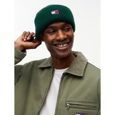 Beanie TOMMY JEANS "TJM HERITAGE SHORT", Herren, grün (elegant grün), Strick, Baumwolle, Mützen Beanie, Umfang 58 cm, im Fischermann-Style