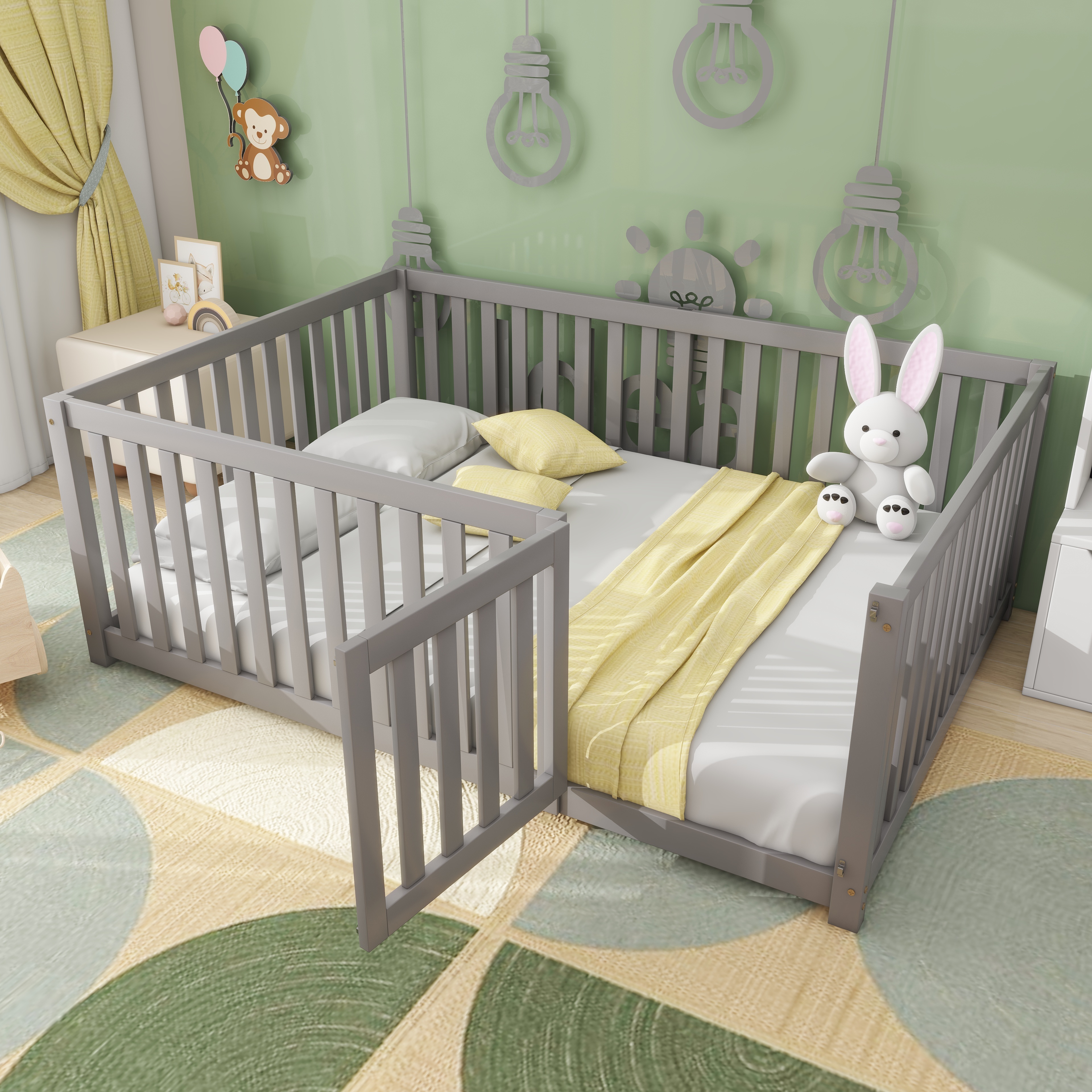 STILVORA Kinderbett 140x200 Massivholzbett mit Vollabtrennung,Holzbodenbett mit Zaun und Tür, Ohne Lattenrost,Grau(mit Matratze)