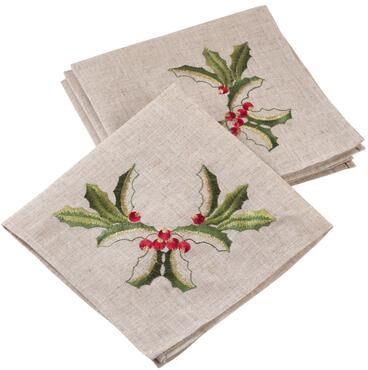 Saro Lifestyle Embroidered Holiday Holly Linen Blend Napkin (Set of 4)