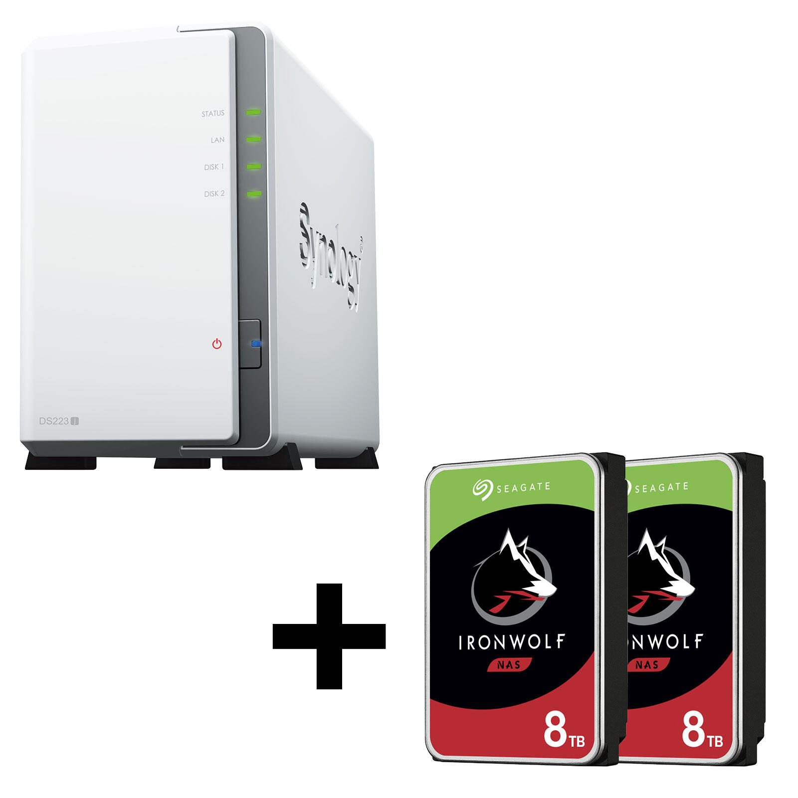 Synology DiskStation DS223J 2 Einschübe NAS-Server Leergehäue + 16TB (2x8TB) Seagate Ironwolf SATA 3.5 HDD Festplatten DS223J & ST8000VN004