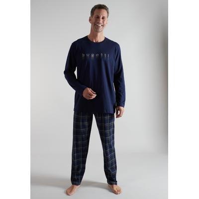 Pyjama BUGATTI, Herren, Gr. 56, blau (blau, dunkel, karo), Single Jersey, Obermaterial: 100% Baumwolle, bequem lang, Rundhals, gerader Abschluss, Homewear-Sets Pyjama, Langarm, Rundhalsausschnitt, mit Logo, kariert, Baumwolle