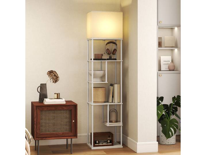 HOMCOM Lampadaire Blanc avec Étagères et Télécommande