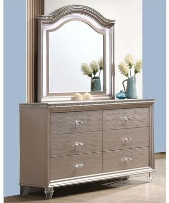 Benjara Jisoo 55 Inch Wide Dresser Chest, Textured Drawers, Crystal Accents, Gold