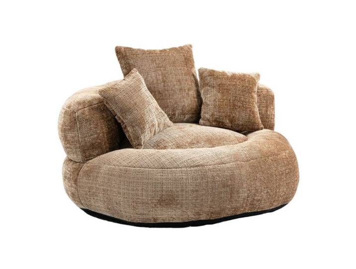 Pouf - LANGTU - Dossier haut 3 coussins - Chenille - Café - 108x108x52 cm
