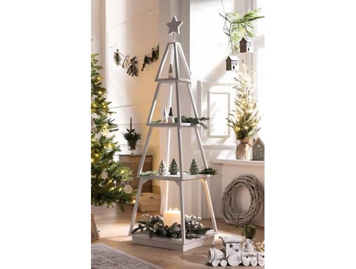Dekotanne Shabby White aus Holz, weiß, Pyramide mit 4 Ebenen, 175 cm hoch Wohnzimmer-Regal, Standregal, Weihnachtsbaum Alternative, Tannenbaum Regal groß