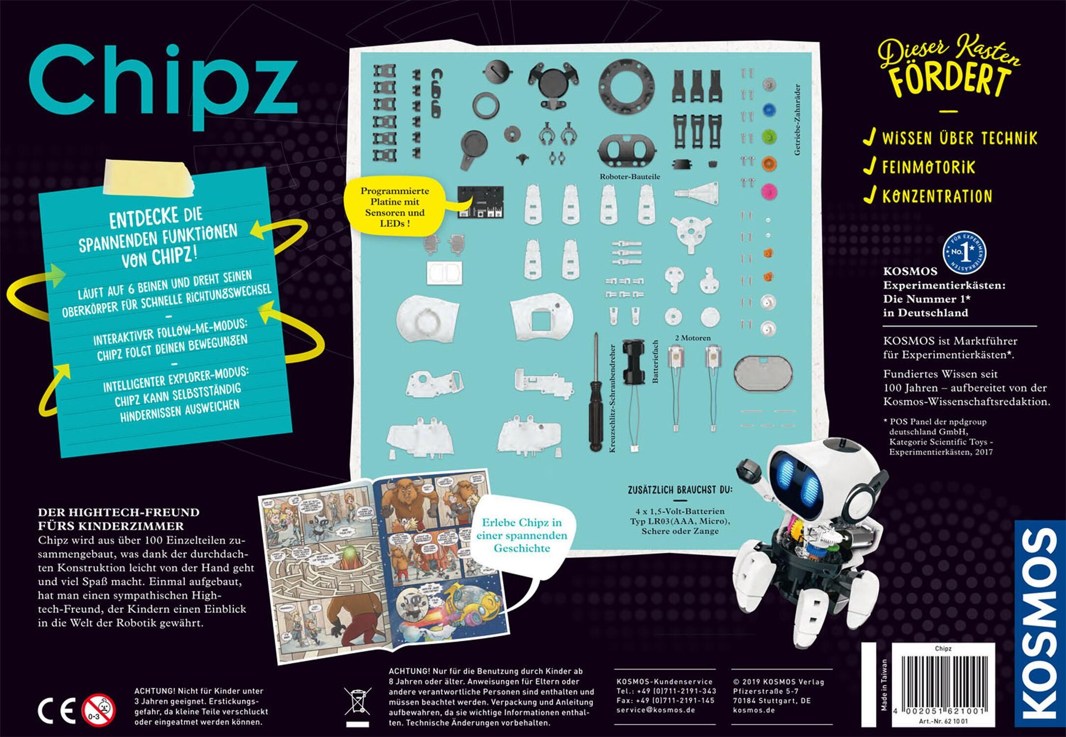 Experimentierkasten KOSMOS "Chipz - Dein intelligenter Roboter", schwarz (weiß, neutral), Experimentierkästen, Kinder, Experimentierkasten
