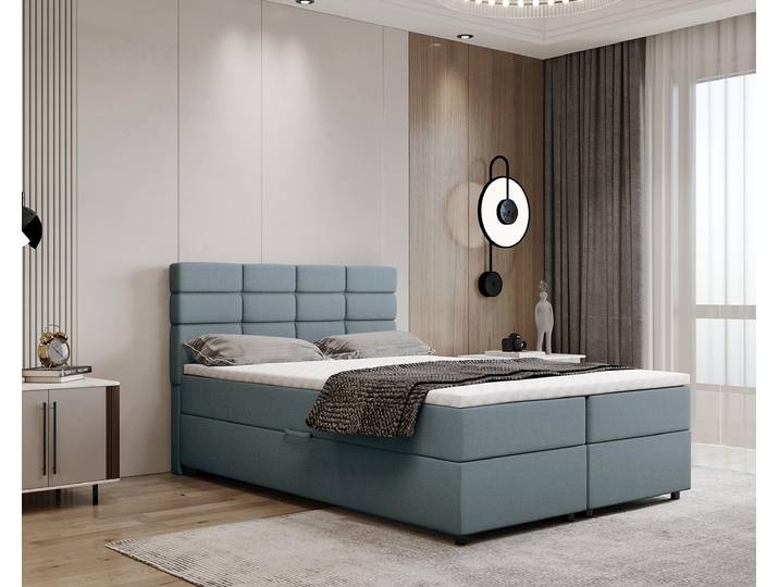 Boxspringbett 140x200, mit Bettkasten, Hellblau, Matratze und Topper, Doppelbett, REVE, Panda Möbel