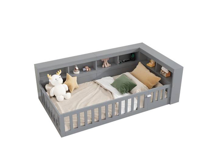 Okwish Daybett 90/200 cm Grau mit Staufach und USB-Anschlüssen aus Spanplatte, 90x200 cm, Schlafzimmer, Betten, Polsterbetten