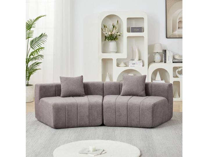 Canapé modulable courbé AESVAR 2 places en chenille gris 2 coussins inclus sans montage