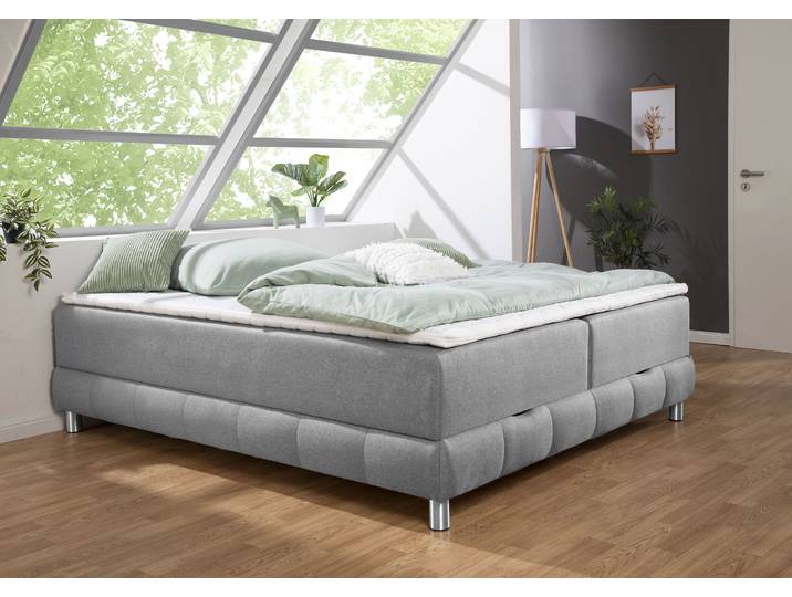 Boxspringbett, Strukturstoff, Grau, 200×200 cm, mit Bettkasten & Topper, Modern, Inosign