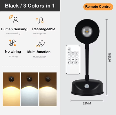 Uplift Curations USB Rechargeable Motion Sensor Wall Light Dimmable LED Picture Spotlight (3 Color Modes) black remote Control 1200mah