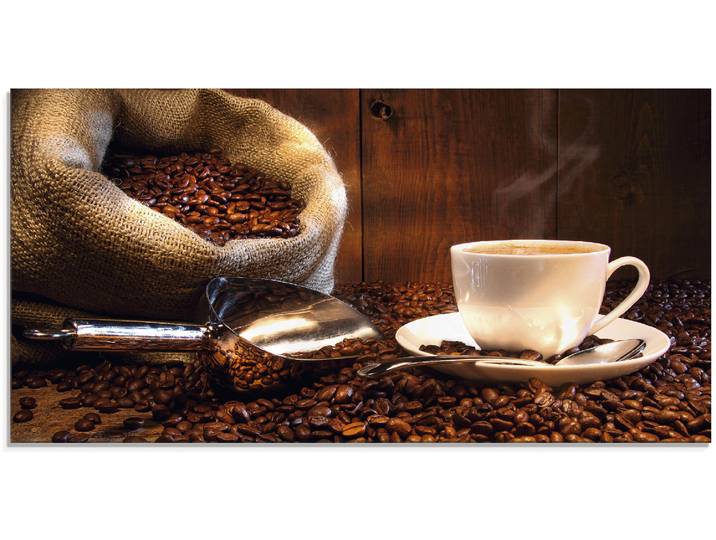 Glasbild ARTLAND Kaffeetasse und Leinensack auf Tisch , braun (farbe bild(er): braun), B:60cm H:30cm, Bilder, Glasbild, in verschiedenen Grössen