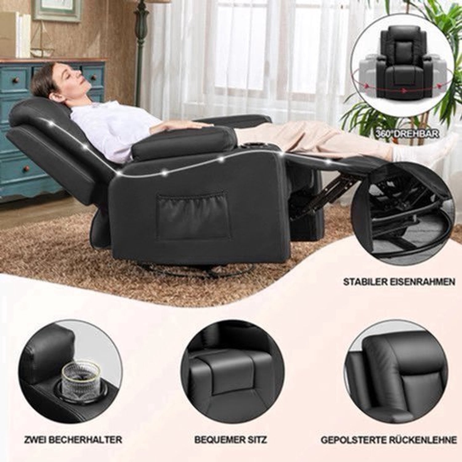 Zwarte PU-lederen relaxfauteuil met 160 graden verstelbare rugleuning en 360 graden draaibaar onderstel