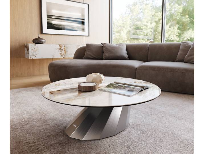 DELIFE Couchtisch Edge Rund 100x100 cm Keramik Minas Melange Parabi Edelstahl gebürstet, Couchtische