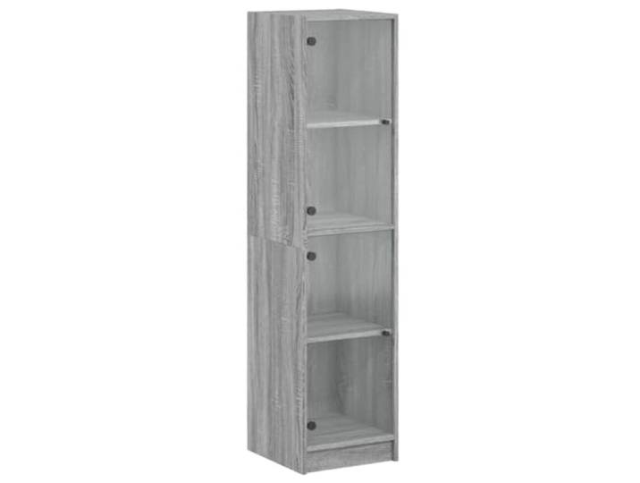 Fisinber Highboard mit Glastüren Schrank Grau Sonoma 35x37x142 cm Schlanker Beistellschrank für Wohnzimmer und Flur mit 4 Fächern aus Holzwerkstoff und Glasscheiben für Deko.