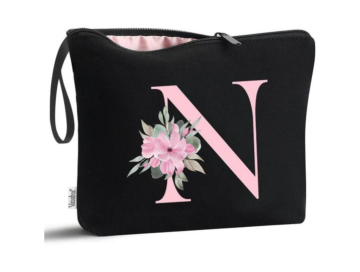 Kulturbeutel mit Initial N und Blumenmotiv Schwarz, 4x20x25 cm, Badaccessoires, Kosmetikdosen