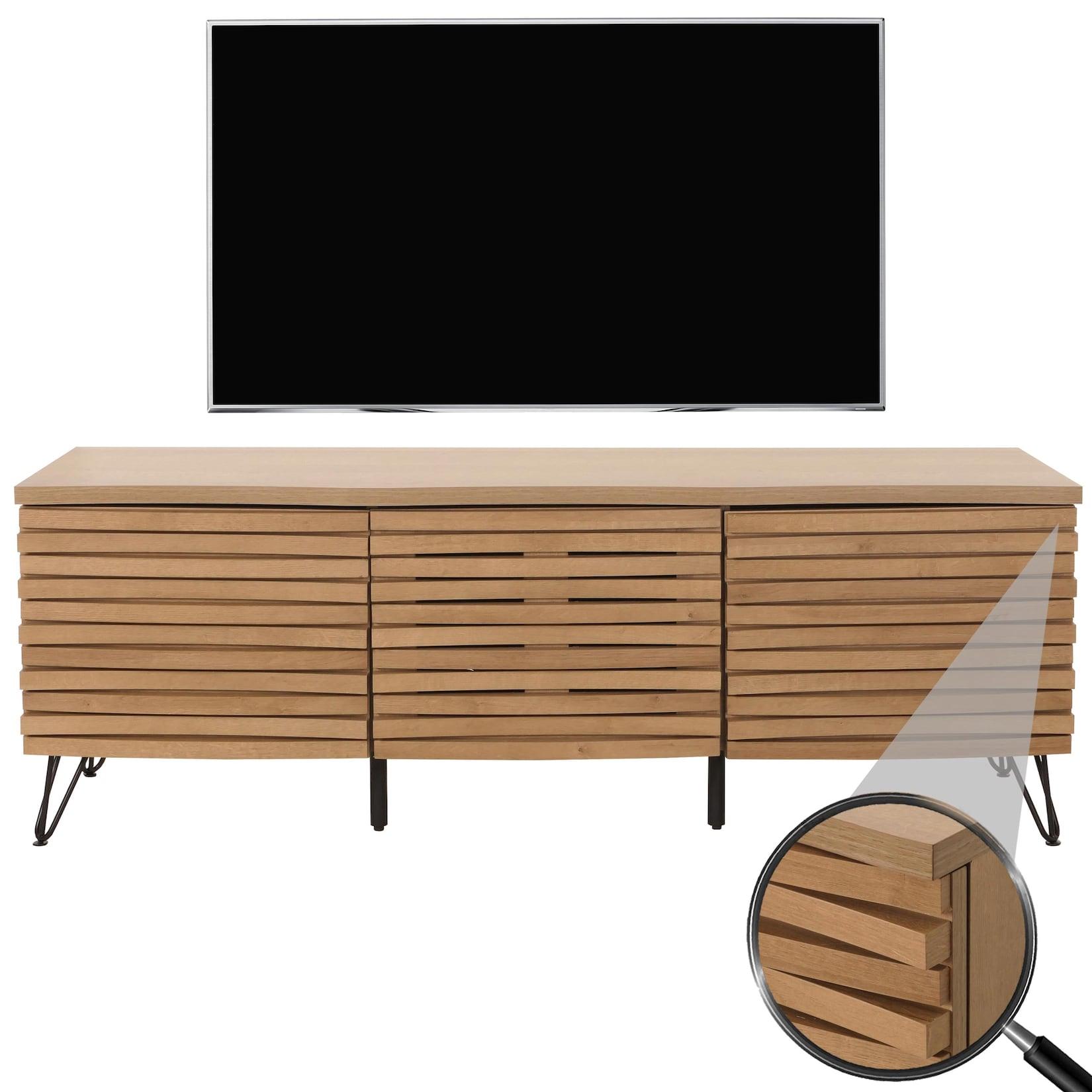 TV-Rack MCW-M49, Lowboard TV-Schrank, 3D-Design Staufächer, MDF Metall 52x142x44cm ~ natur