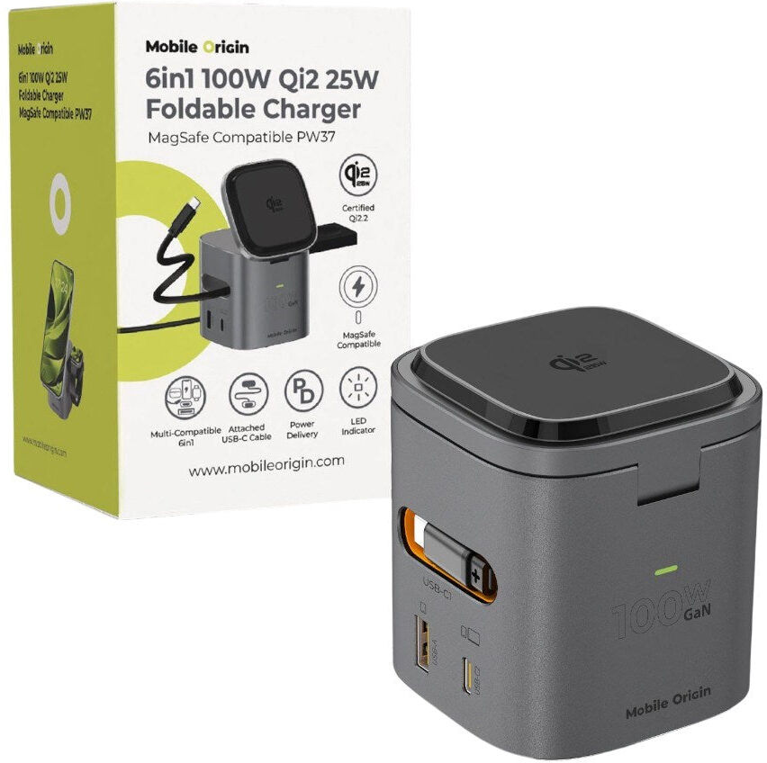 Mobile Origin Qi2 6-i-1 Multifunktionel Foldbar Trådløs Oplader - Sort