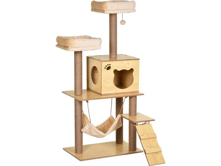 PawHut Arbre à chats design contemporain griffoirs grattoirs sisal naturel niche plate-formes hamac boule panneaux particules beige
