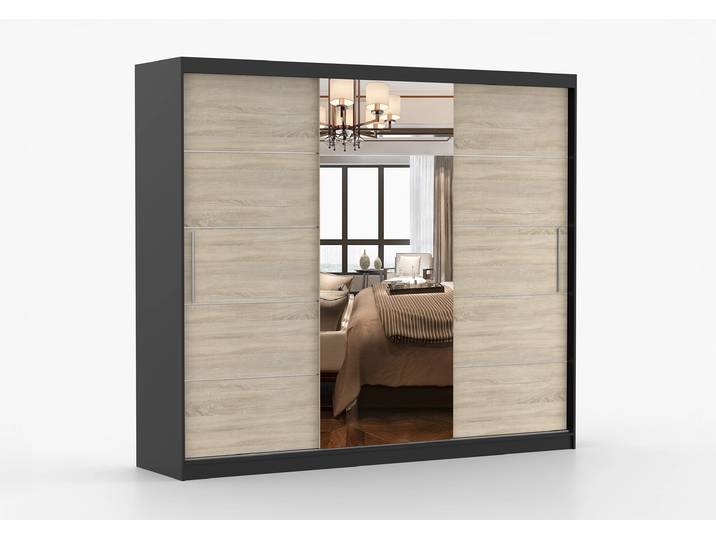 Schwebetürenschrank ASTRA 233 cm Schwarz Sonoma Eiche + Spiegel