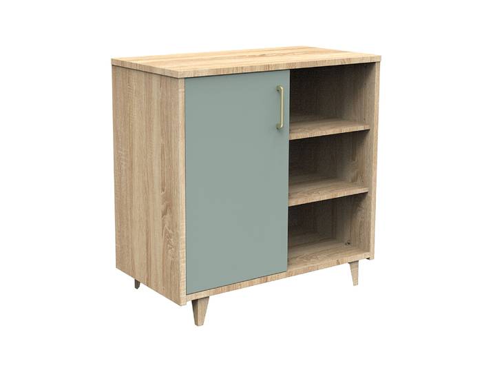 Commode bébé 1 porte et 3 niches - CHARLIE SAUGE - Bois Chêne doré et décor Sauge - SAUTHON