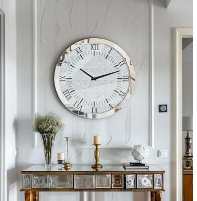 Inspired Living Crystal Luxe Crushed Diamond Mirrored Wall Clock 60cm Silver Crystal Decor Crystal Luxe Crushed Diamond Mirrored Wall Clock 60cm Silver Crystal Decor