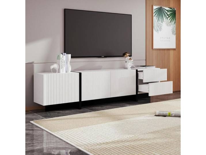 Meuble TV Armoire TV 3 Portes et 2 Tiroirs Panneau de particules Blanc+Noir