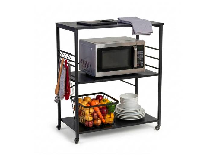 Relaxdays Küchenrollwagen Schwarz 3 Ebenen 80 cm, Metall, Holzwerkstoff, 80x89x40 cm, Esszimmer, Servierwagen