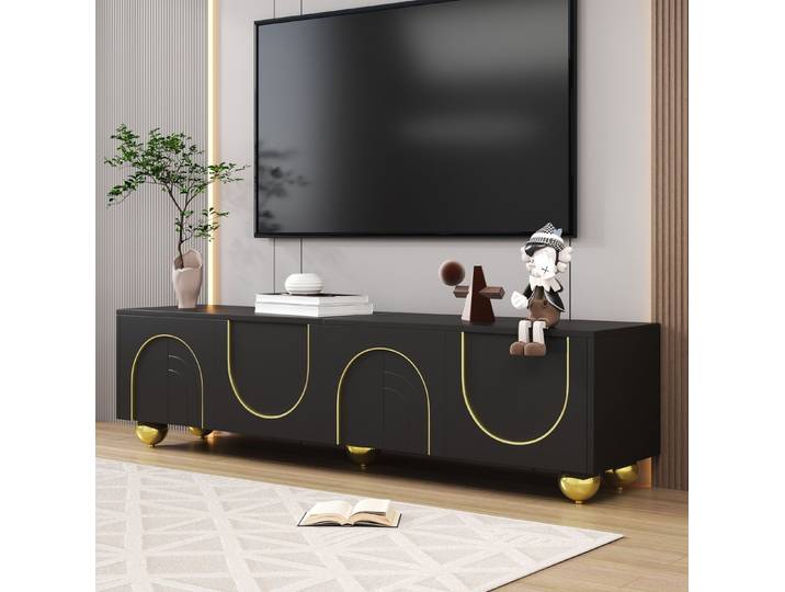 REDOM TV-Schrank Lowboard mit strukturierten Türen & goldenen Füßen (Packung, 1-St., Schwarz, 170×44×38 cm, goldene Griffe) handbemalte Goldbögen, luxuriöses Design