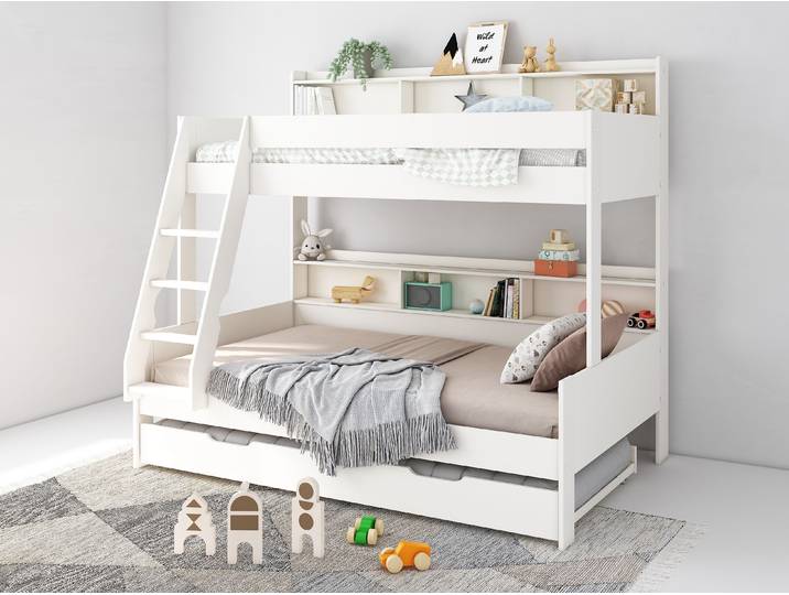 Etagenbett GOODPRODUCT Jaime II, Stockbett, viel Stauraum, mit Regalen, Massivholz mit MDF , weiss (weiß, weiß, weiß), B:146cm H:186,5cm L:204cm, Etagenbetten, Etagenbett, breite Liegefläche unten, FSC, Made EU, 3. Schlafgelegenheit optional