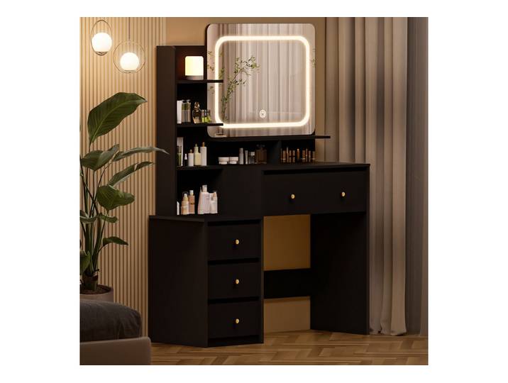 Lexzurn Schminktisch Schminktisch mit LED-Beleuchtung, Kosmetiktisch mit Spiegel, 4 Schubladen+6 offene Fächer, Helligkeit verstellbar, 92.6x132x36 cm