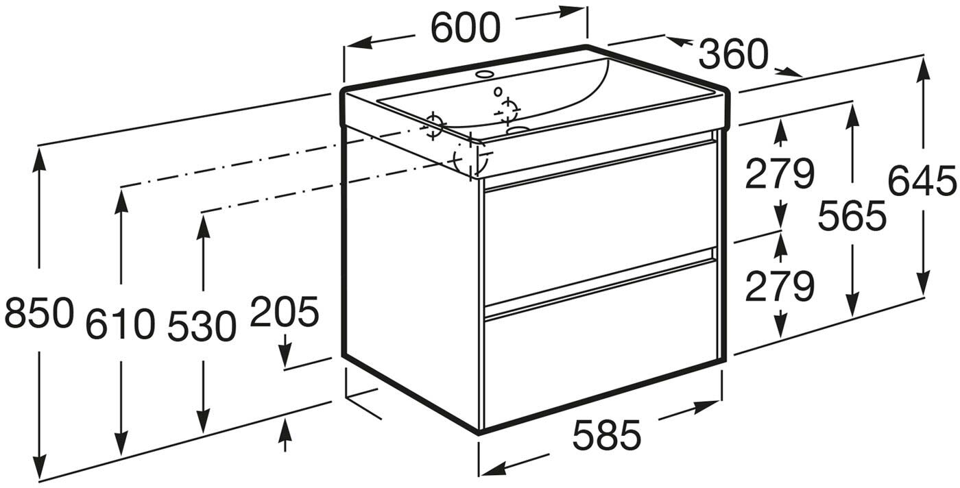 Roca Ona Waschtischunterbau 60 cm mit 2 Schubladen, geringere Tiefe, Badmöbel, A857601513,