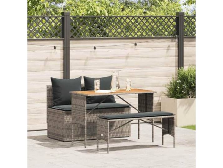 HEFZGDB 3-TLG. Garten-Essgruppe mit Kissen Grau Poly Rattan, Outdoor Esstischgruppe mit Akazienholz Tischplatte und Polsterkissen, Langlebige PE Rattan Gartenmöbel, Stabile