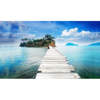 Fototapete PAPERMOON "HOLZ-BRÜCKE-AGIOS SOSTIS INSEL PIER STEG MEER SEE WALD", bunt, B:3m L:2,23m, Vlies, Tapeten