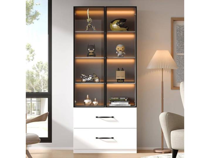 Vitrine en Verre avec LED Meuble Rangement Salon avec Tiroirs Bibliothèque Vitrée Vitrine pour Collection Blanc