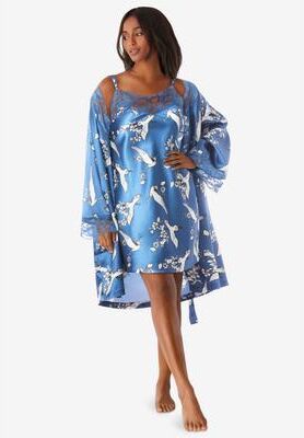 Plus Size Women's The Luxe Satin Short Peignoir Set by Amoureuse in Blue Dream Crane (Size 3X) Pajamas