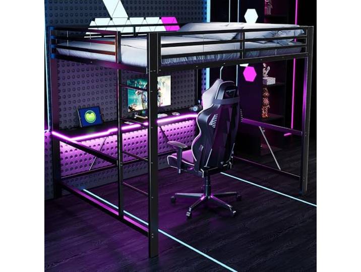 BTM Gaming Bett Jugendbett 160 x 200 cm Metall Hochbett mit Schreibtisch und USB, Kinder Erwachsene mit LED, Schwarz