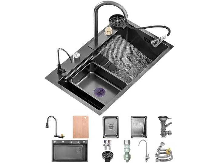 OMGMTSTORE Spüle Küche 80x50cm,Schwarz Anthrazit Wasserfall-Küchenspüle,Waschbecken Küche 1 Becken,Ausgussbecken in der Küche,Mit Ausziehbarem,Wasserhahn,Glasspüler,Abtropffläche,Ablaufgarnitur