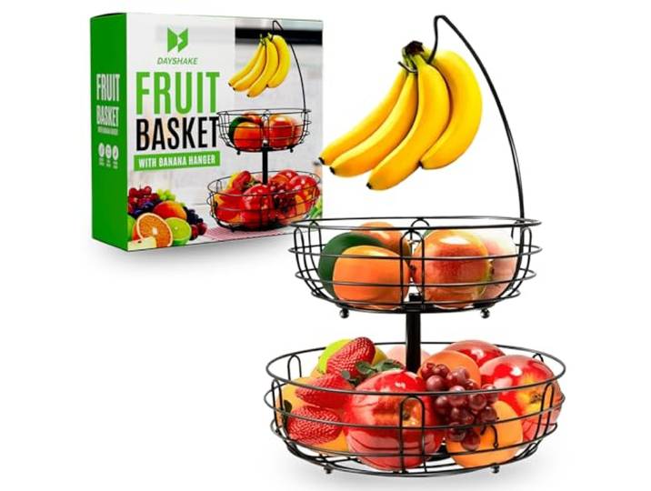 Dayshake Fruitschaal met Bananenhanger - Ronde Fruitmand Zwart - 2-Laags Etagère