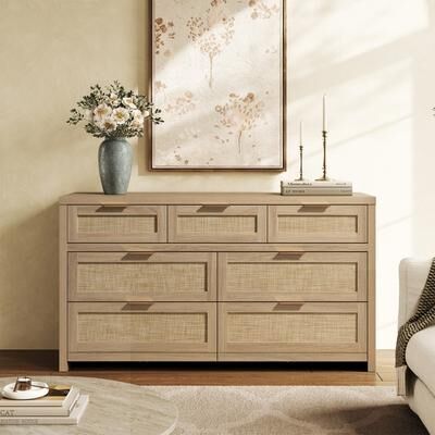 SICOTAS Elegant Right Angled Dresser with 6 Rattan Woven Drawers