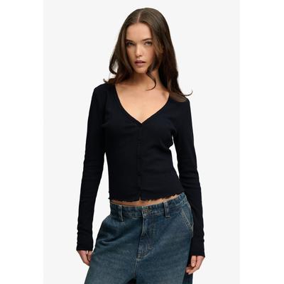 Cardigan SUPERDRY "ATH ESS POINTELLE CARDIGAN", Damen, Gr. L, schwarz (eclipse navy), Single Jersey, Obermaterial: 100% Baumwolle, unifarben, skinny fit taillenbedeckt, V-Ausschnitt, Strickjacken, Pointelle Muster, Baumwolle, Jerseyqualität, skinny fit