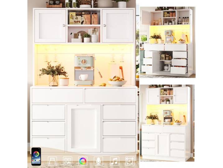 Armoire haute de cuisine - Éclairage LED intelligent - 8 tiroirs - Étagères réglables - Fermeture magnétique