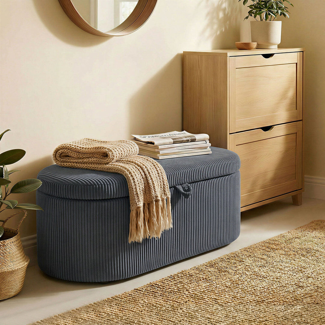 17 Stories HOMCOM Storage Ottoman, Corduroy Ottoman Storage Box with Padded Seat Dark Grey 49cm H X 105cm W X 51cm D