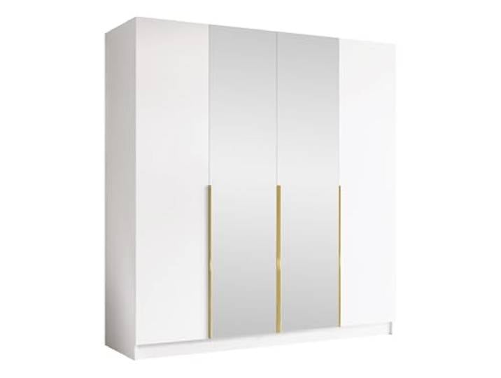 Mirjan24 Kleiderschrank mit Spiegel, Einlegeböden und Kleiderstange Salkor II, Vielseitiger Drehtürenschrank, Elegantes Kleiderschrank 4-türig (Weiß/Weiß + Gold)