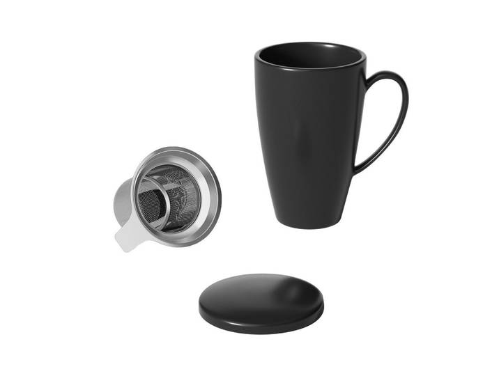 Intirilife Kaffeetasse mit Deckel und Teeaufgießer 350 ml, Schwarz, Keramik, 0.35 L, abnehmbarer Deckel, Geschirr, Tassen, Kaffeetassen