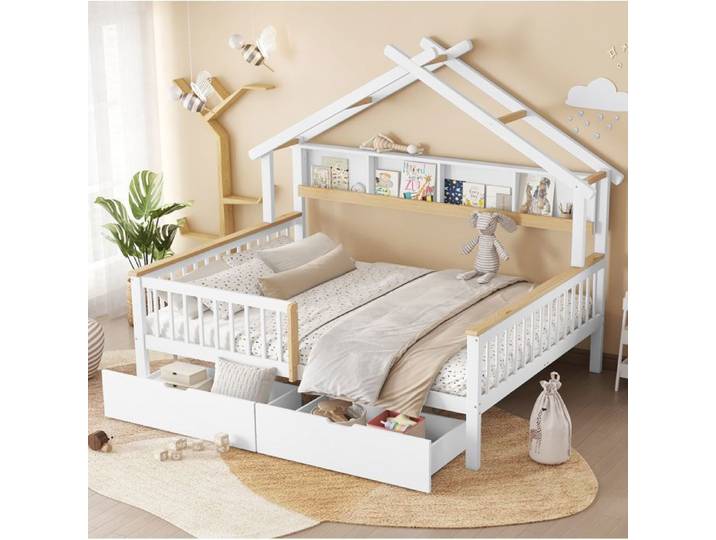 Lit cabane enfant - SENVIRO - 140 x 200 cm avec barrières étagère latérale et 2 tiroirs blanc et naturel
