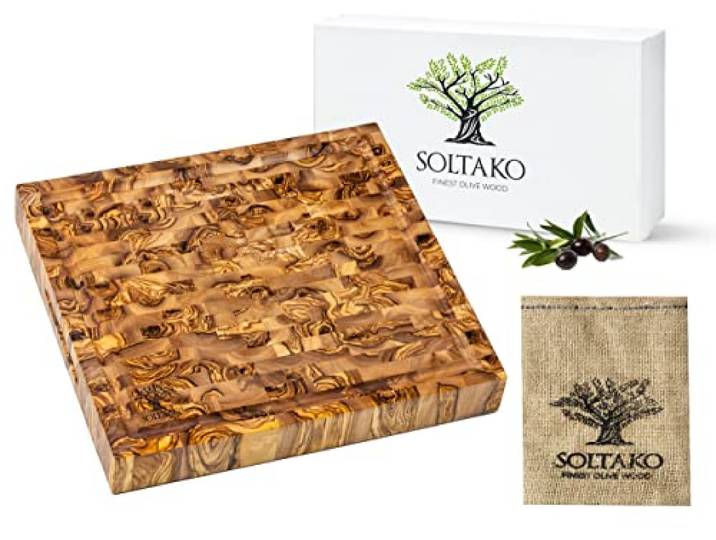 SOLTAKO Premium Hackbrett aus Olivenholz - massiv Massives Holzbrett zum Hacken & Schneiden - handgefertigt aus Olivenholz, langlebig & natürlich gemasert
